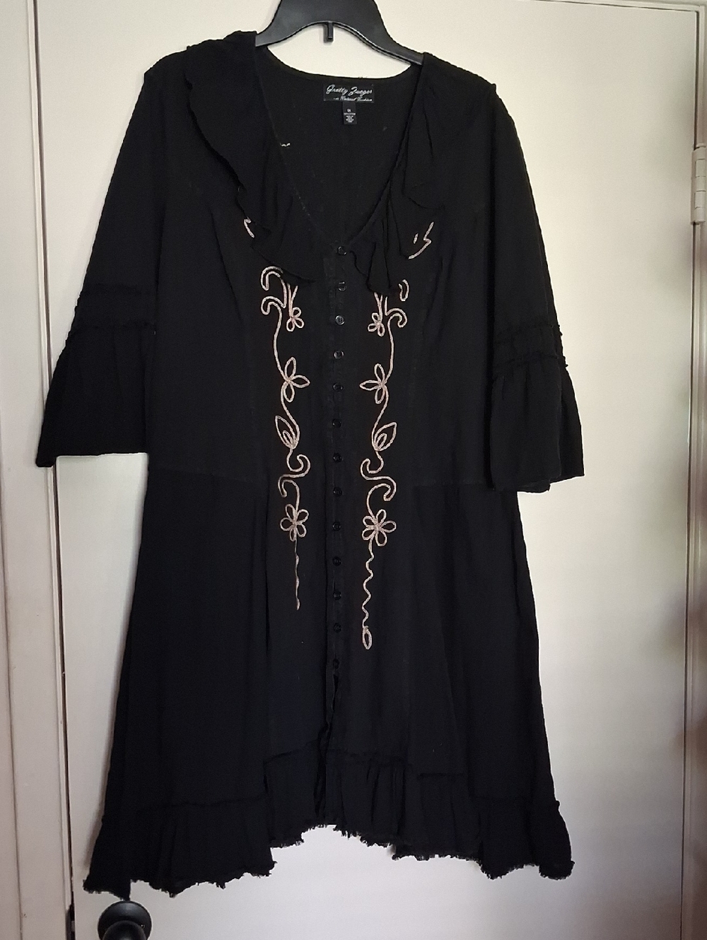 Pretty Angel Black Embroidered Button-Front Midi Dress